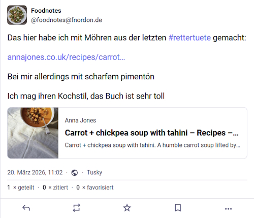Hinweis bei Mastodon auf Anna Jones Rezept für Karottensuppe mit Tahini und Rosmarin