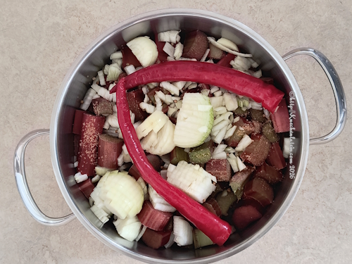 Topf mit Zutaten für Rhabarber Chutney
