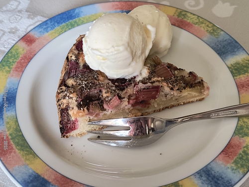 1 Stück Rhaberberkuchen mit Kardamom angerichtet mit 2 Kugeln Eis auf einem Teller