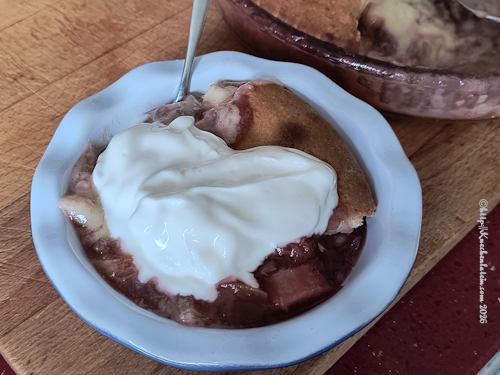 1 Portion Rhabarberkuchen mit griechischem Joghurt angerichtet